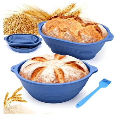 Produktbild von Brot Gärkorb Set: 29 cm ovaler Gärkorb + 23 cm runder Gärkorb + Backpinsel, faltbar, mit Aufhängeloch, verbesserte Stabilität, Silikon Brotbackform