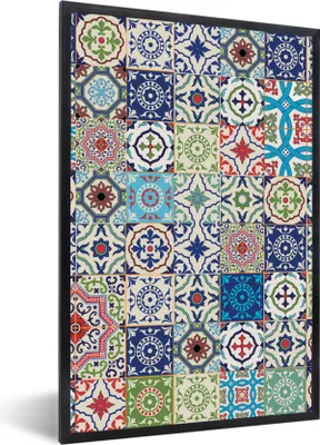 Produktbild von MuchoWow® Gerahmtes Poster Blumen - Muster - Grün - Blau 60x90 cm - Poster mit Schwarzem Bilderrahmen Wandposter Rahmen Foto Bilder - Kunst