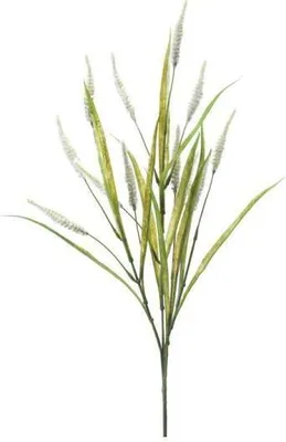 A single artificial grass sprig with multiple seed heads, isolated on a white background.
