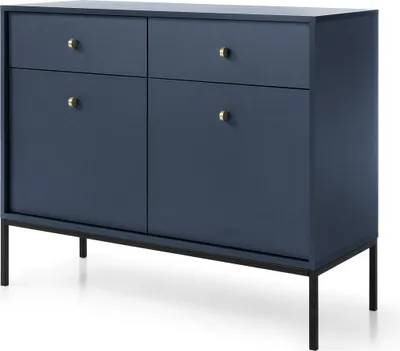 Image de Buffet 2 portes Monti - Commode avec tiroirs, salon, pieds métal 18 cm, commode 100 cm (bleu + noir)