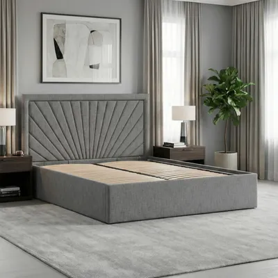 Produktbild von Polsterbett VASTO 140x200 mit Holzlattenrost, Doppelbett ohne Bettkasten, Bett mit gepolstertem Kopfteil Dunkelgrau Geflecht