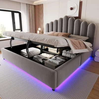Image de Lit rembourré 180x200 cm avec espace de rangement hydraulique, éclairage LED intégré et tête de lit rembourrée, revêtement en velours gris, sommier à lattes robuste pour chambre à coucher