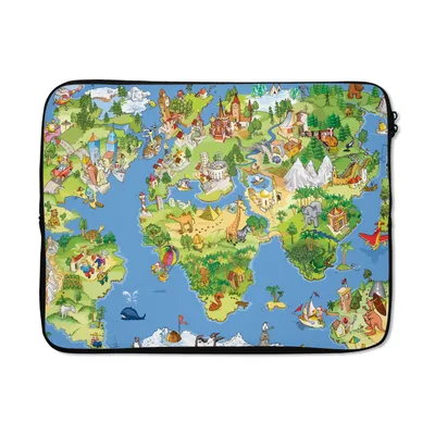 Produktbild von MuchoWow® Laptop Hülle 15 Zoll Weltkarte - Kinder - Natur - Tiere - Blau - Grün Laptoptasche - Laptoptasche - Sleeve - Rundum-Schutz