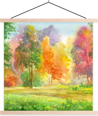 Produktbild von MuchoWow® Textilposter Eine bunte Illustration von Bäumen 60x60 cm mit holzfarbenen Rahmen - Wanddekoration