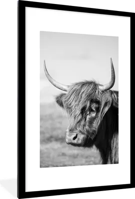 Produktbild von MuchoWow® Gerahmtes Poster Schottischer Highlander - Tiere - Schwarz - Weiß 60x90 cm - Poster mit Schwarzem Bilderrahmen Wandposter Rahmen Foto Bilder - Dekoration - Wandposter Wohnzimmer - Hochwertig