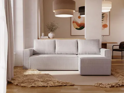 Beiges Ecksofa in L-Form mit Schlaffunktion und Bettkasten, aufgestellt in einem modernen Wohnzimmer