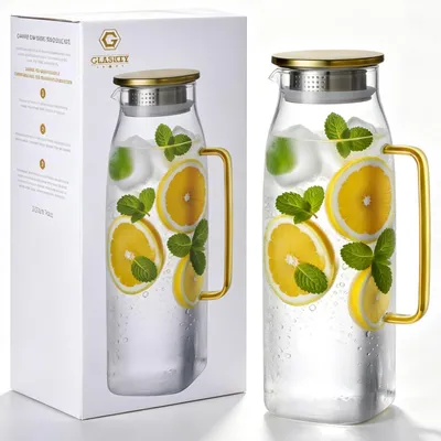 Immagine prodotto di Caraffa quadrata in vetro borosilicato da 2,2 litri, con coperchio, ideale per bevande calde o fredde