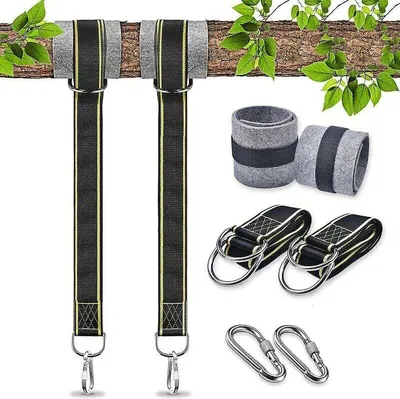 A set of hammock straps, swing attachments, and carabiners are displayed against a white background, with a tree branch and leaves in the upper portion of the image.