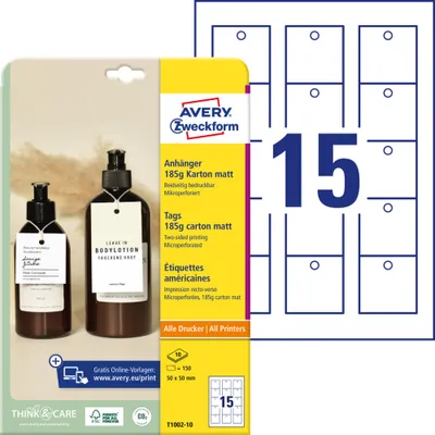 Produktbild von Avery Zweckform T1002-10 Anhänger, 50 x 50 mm, beidseitig beschichtet, 150 Stück / 10 Bogen