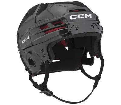A black CCM hockey helmet is shown from a rear-diagonal angle against a white background.