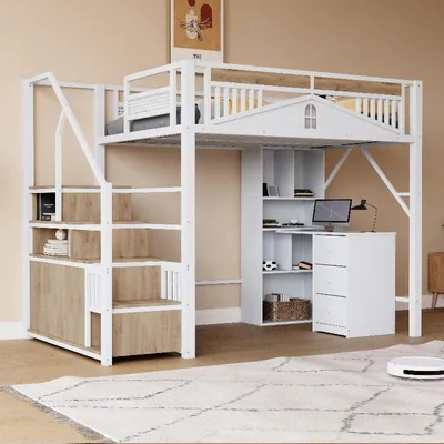 Productafbeelding van Metaal hoogslaper 140x200 cm in wit, met trap en opbergruimte, veiligheidshek met raamdesign, verhoogd slaapgedeelte voor kinderkamers
