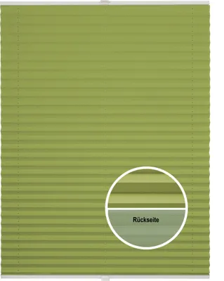 A close-up of a green pleated blind with a circular inset showing a detail of the fabric and the text 'Rückseite'.