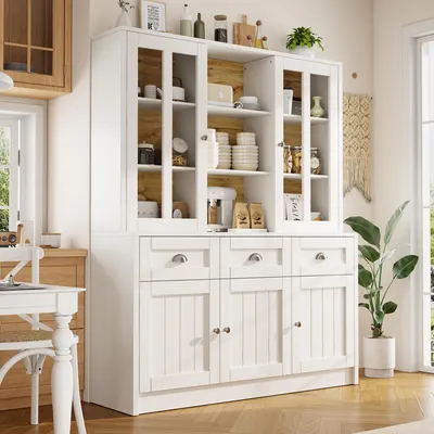 Produktbild von MODFU Highboard Weiß Küchenschrank mit schubladen Sideboard Buffetschrank mit durch Kippschutz Vitrinenschrank mit gleitenden Schienen für Wohnzimmer