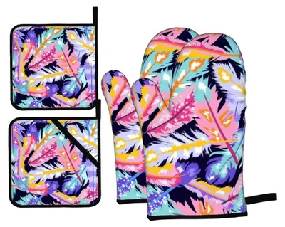 Produktbild von 4-teiliges Set aus Ofenhandschuhen und Topflappen, rutschfeste Koch- und Küchenhandschuhe, waschbar, hitzebeständig für Mikrowelle, Grillen und Backen
