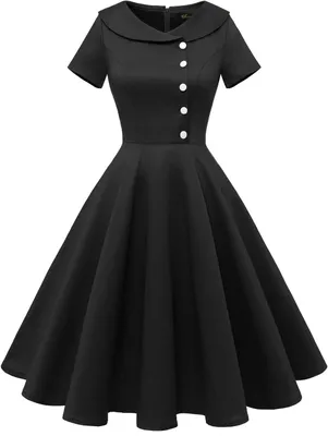 Produktbild von Kleid im Retro-Stil mit A-Linien-Rock, Peter-Pan-Kragen und hoher, elastischer Taille, schwarz