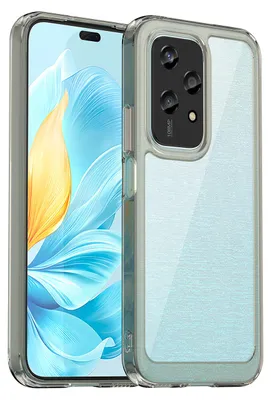 A phone case is shown with a phone inside, displaying a colorful wallpaper.