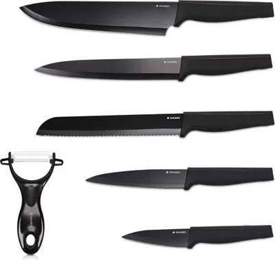 Produktbild von Navaris Messer Set 6-teilig inkl. Schäler - 5x Edelstahl Küchenmesser und 1x Keramik Gemüseschäler - Fleischmesser Brotmesser - Messerset schwarz