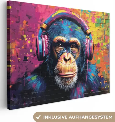 Produktbild von Leinwand Bilder 80x60 cm - Graffiti Schimpanse, moderne Wanddeko für Wohnzimmer