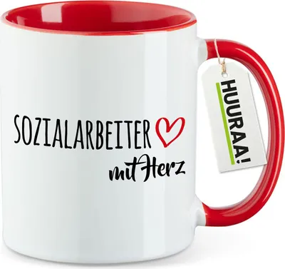 Produktbild von Huuraa Kaffeetasse Sozialarbeiter mit Herz 330ml Rot Keramik Kaffeebecher Geschenkidee