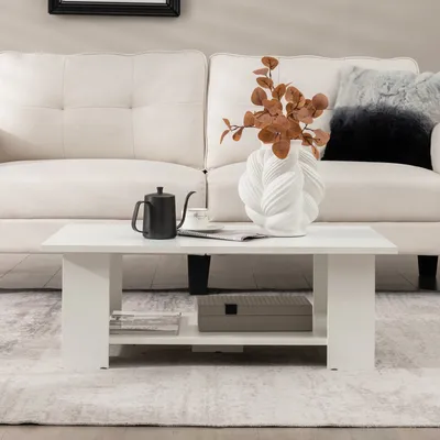 Obrázok produktu pre COSTWAY 2-úrovňový drevený konferenčný stolík, moderný stolík do obývačky, príručný stolík do 125 kg, 90 x 52 x 32 cm, biely