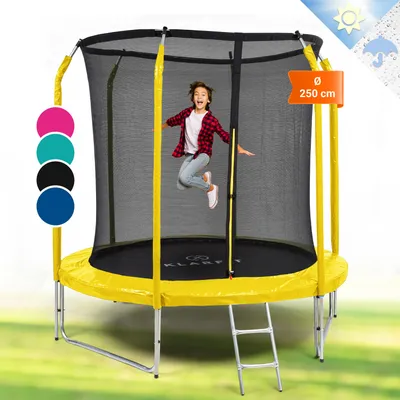 Produktbild von Klarfit Kinder Trampolin Indoor/Outdoor, Kleines Trampolin für Kinder, Kindertrampolin Rutschfest, Trampolin mit Leiter, Randabdeckung und Sicherheitsnetz, UV-Beständiges Trampolin Klein, 250cm
