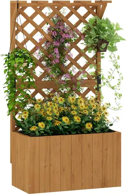 Produktbild von Hochbeet Pflanzkasten mit Rankgitter Dach Spalier Pflanzkübel Blumenkasten Holz, Gartenspalier 64 x 33 x 122cm für Garten Balkon Terrasse, Blumenkübel für Kletterpflanzen Korbpflanzen, Blumen Aosom