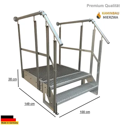 Produktbild von Podesttreppe Stahltreppe Freistehend 2 Stufen Höhe 38cm inklusive Podest 100x100cm mit Geländer Verzinkt Ausrichtung Treppe Vorne (Front) Aussentreppe