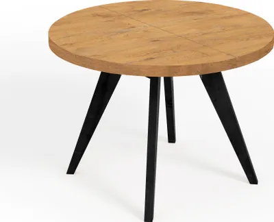 A round dining table with a wood-effect top and black legs, shown against a white background.