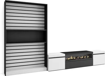 Produktbild von Wohnwand Wohnzimmer, 310x35x186cm, Für TV-Geräte bis zu 80", Elektrokamin, Weiß und Schwarz