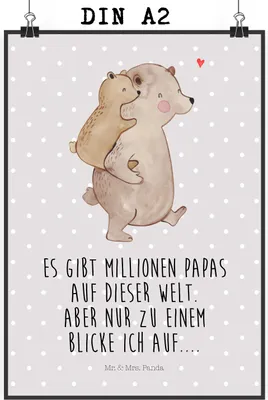 Produktbild von Mr. & Mrs. Panda Bild Papa Bär DIN A2 - Grau Pastell - Geschenk, Vater, kunstdruck poster, Vatertag, Geburtstag, Wandbild, Muttertag, drucke, wanddeko