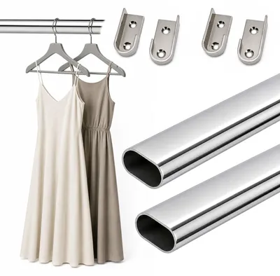 Produktbild von HOOZ® Kleiderstange Schrank Oval 90 cm [SCHRANK- & WANDMONTAGE] inkl. Halter Schrankrohr aus Stahl Garderobenstange Silber 2er Set