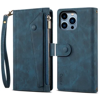 Obrázek produktu pro Ochranné pouzdro pro iPhone 15 Pro kožené pouzdro na zip, skládací peněženka s přihrádkou na karty, stojánek a poutko modré
