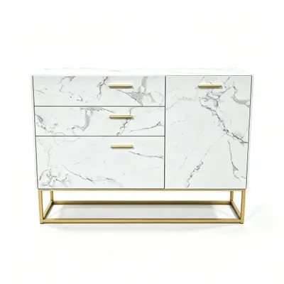 Produktbild von Sideboard Weiß Marmoroptik, Kommode mit 1 Tür und 3 Schubladen, Metallgestell Gold, Moderner Stauraumschrank für Wohnzimmer