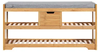 Image de Étagère à chaussures avec tiroir et coussin d'assise - bambou - 91x45x34 cm - meuble d'entrée et banc à chaussures