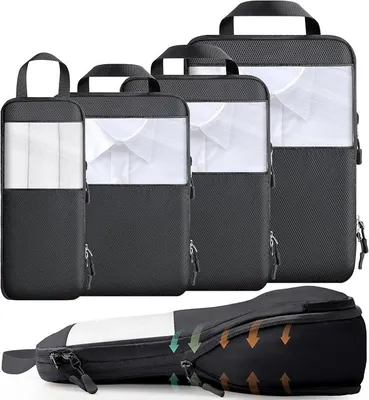 Produktbild von PolkaHome® Packing Cubes Set 4-teilig, Kofferorganizer mit Kompressions-Reißverschluss, wasserdichtes Polyester, Reiseunterbringung für