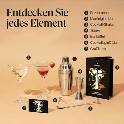 Produktbild von Cocora Martini-Set | 8-teiliges Cocktail-Set aus Edelstahl | Cocktail Shaker | Martini Cocktail Gläser | | Geschenkverpackung | Silber