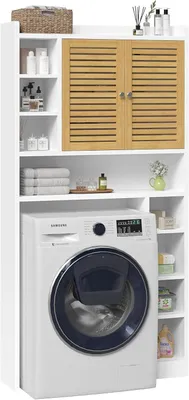 Image de Armoire à lave-linge avec 2 portes en bambou ? Étagère à lave-linge avec étagères réglables et 8 compartiments ouverts, meuble de rangement pour toilettes, étagère de salle de bain au-dessus de la machine à laver/des toilettes, 82 x 20 x 173 cm, blanc