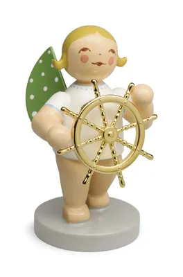 A wooden angel figurine holding a golden ship's wheel, standing on a grey base.