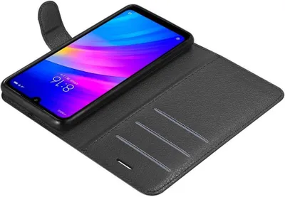A black flip phone case with a phone inside is shown on a white background.