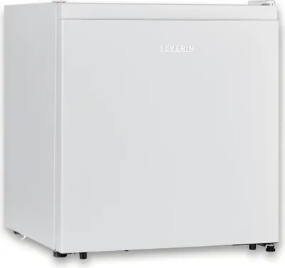 A white mini refrigerator with the brand name 'SEVERIN' embossed on the front.
