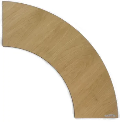 A quarter-circle shaped piece of wood with a light brown wood grain pattern, isolated on a white background.