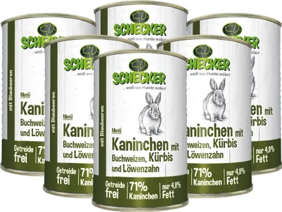 Produktbild von 6 x 410 g - Schecker Nassfutter - Hundemenü 71 % Kaninchen Buchweizen, Kürbis - getreidefrei