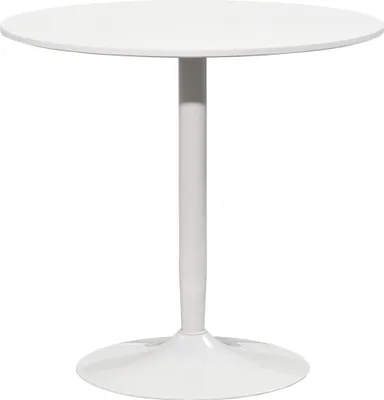 A white round dining table with a pedestal base is shown against a white background.