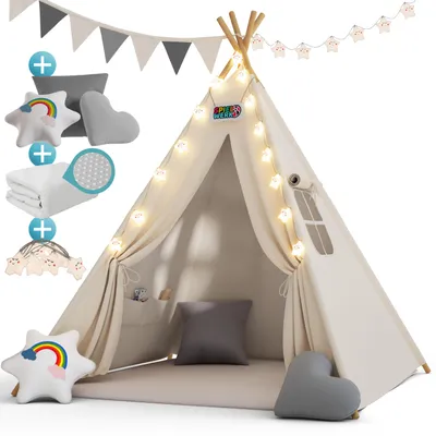 Immagine prodotto di Spielwerk® Tenda da Gioco per Bambini in Cotone 130x130x160cm Tappetino con 3 Cuscini Borsa per il Trasporto Capanna Giocattolo