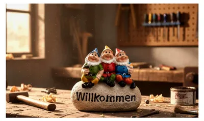 Produktbild von Gartenzwerge Dekofigur lustige Zwerge WILLKOMMEN Gartendeko Figur - wetterfest - frostsicher Gartenzwergeset Außenbereich
