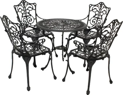 A cast aluminum bistro set with a round table and four chairs, presented on a white background.