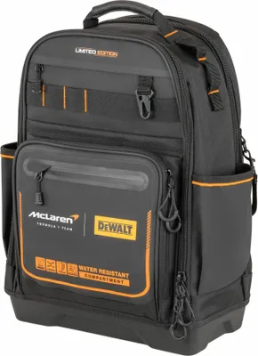 A black and orange tool backpack with branding.