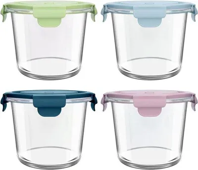 Produktbild von Gläserne Portionierer mit Deckel - Set aus 4 - Schlauchverschluss - luftdichter Glasbehälter - Essensbehälter für unterwegs - Rundglascontainer