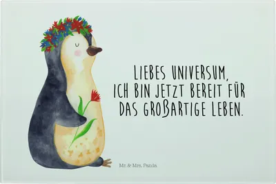 Produktbild von Mr. & Mrs. Panda Schneidebrett Pinguin Blumen - Weiß - Geschenk, Frühstücksbrett, Positiv, Servierplatte, Hackbrett, Glas Schneideplatte, Blumenkranz, Wünsche, Motivation
