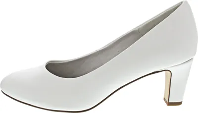 A single white pump shoe is shown from the side against a white background.